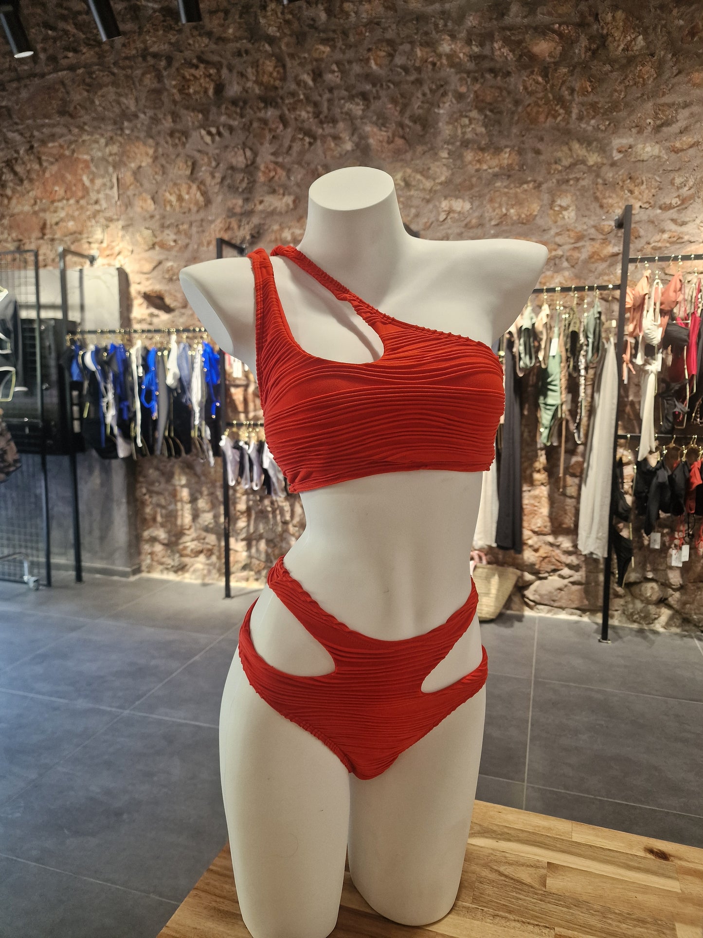 Red Cut-Out Bikini Set – One Shoulder Asymmetrical Swimwear