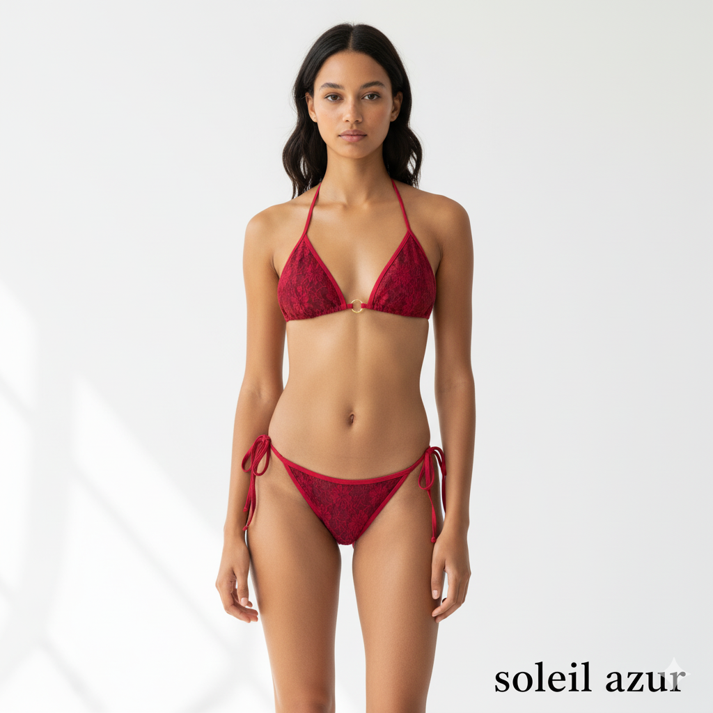 Woman wearing a red bikini with 'soleil azur' branding on a white background