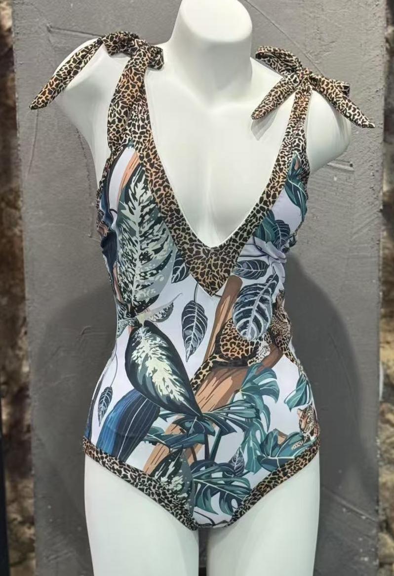 Tropical Leaf Print One-Piece Swimsuit with Leopard Trim – Deep V Monokini