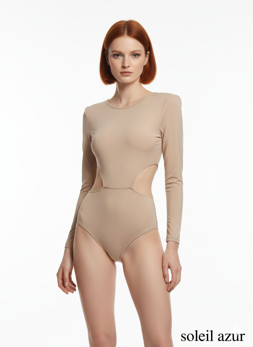 Beige bodysuit worn by a model on a white background with 'soleil azur' branding.