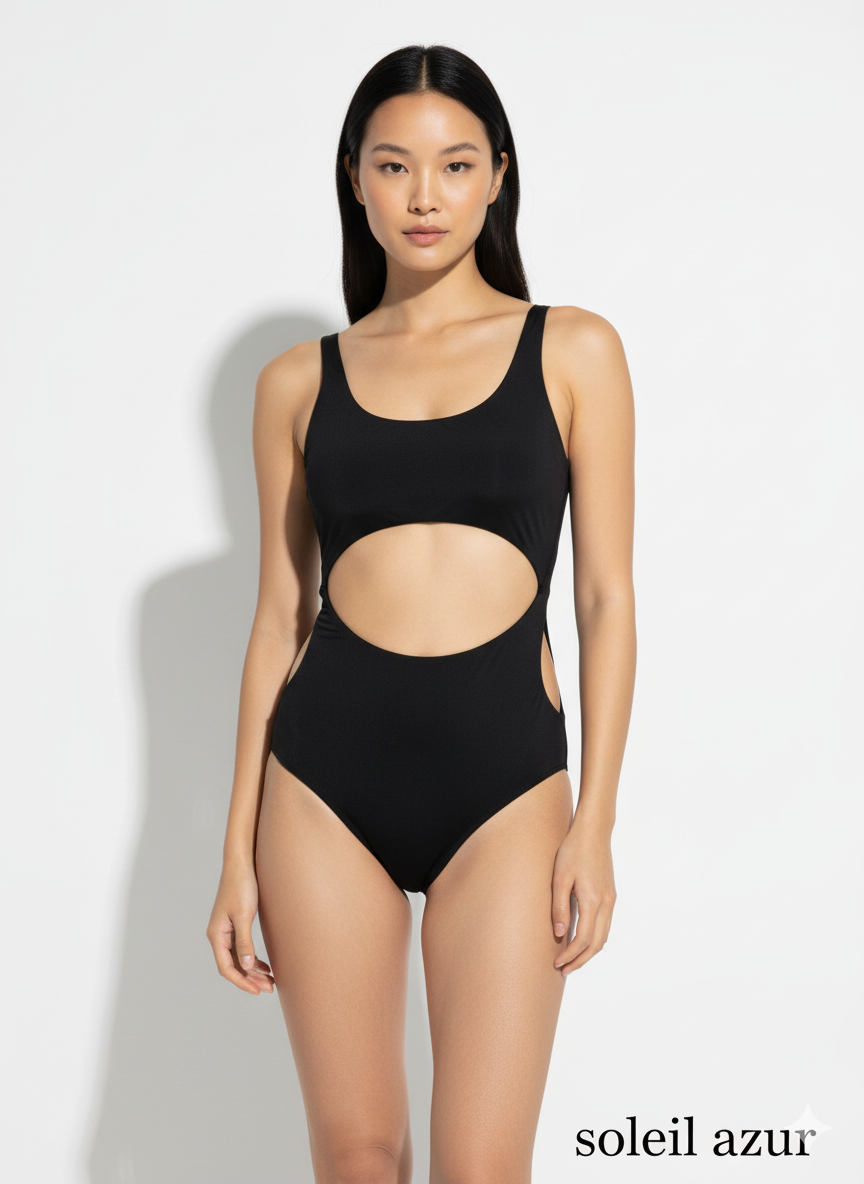 Black Cut-Out One-Piece Swimsuit – Sleek Asymmetrical Monokini | Soleil Azur