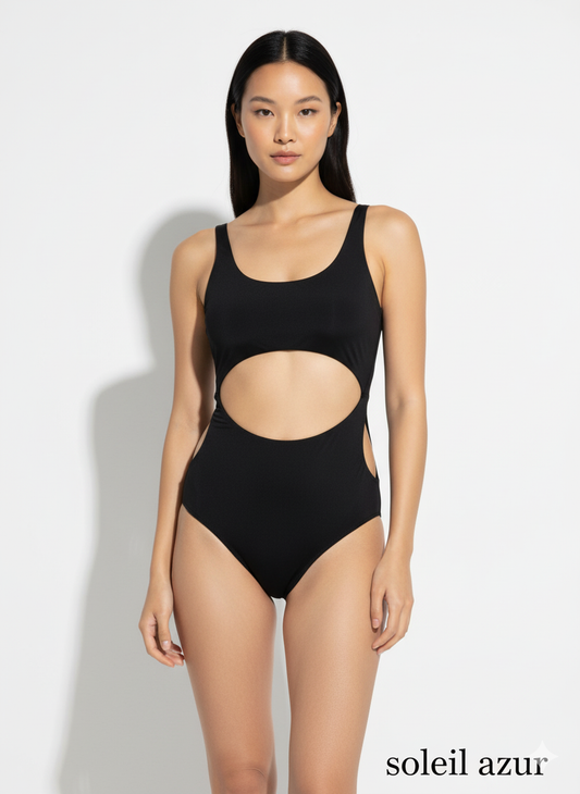 Black Cut-Out One-Piece Swimsuit – Sleek Asymmetrical Monokini | Soleil Azur