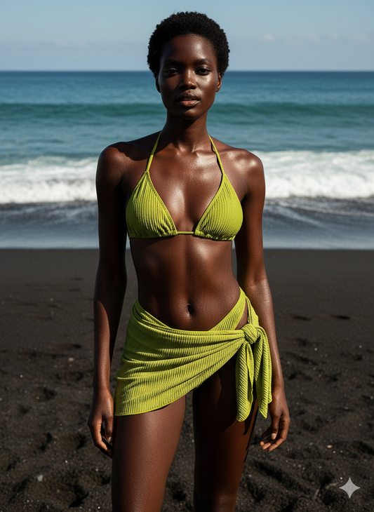 Woman in a green bikini and sarong standing on a beach with ocean waves in the background

