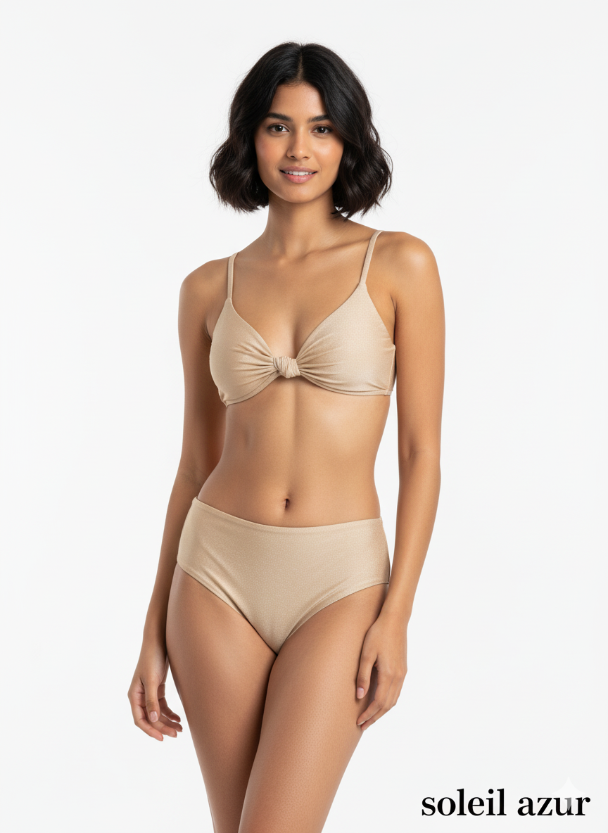 Woman wearing a beige bikini set with 'soleil azur' branding on a white background