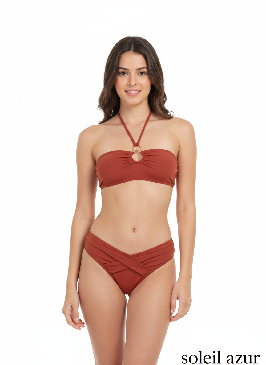 Woman wearing a rust-colored bikini set with 'soleil azur' branding on a white background